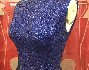 1950s 1960s W:28” Frank Starr cobalt blue rayon fully sequin sleeveless boat neck cutout back pencil cocktail dress