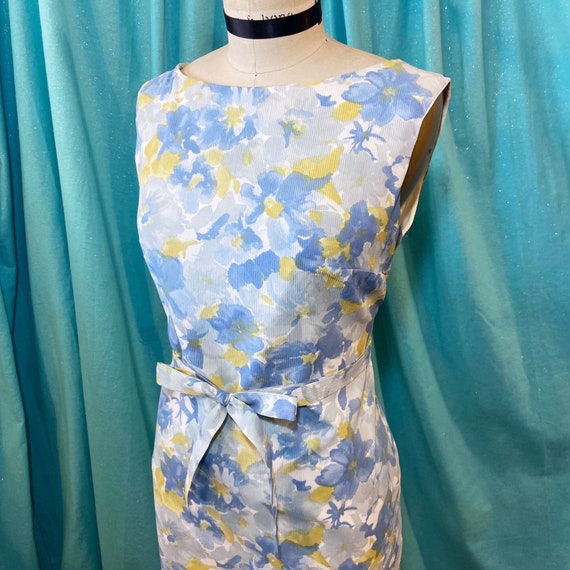 1960s B:36 blue yellow white floral polyester cri… - image 1