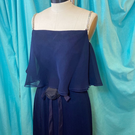 sachin and babi light blue dress 1960s W:25 Navy Blue Synthetic Chiffon AB Rhinestone Spaghetti Strap  Straight Neckline Flowy Caplet Bodice Accordion Pleat Pencil Dress
