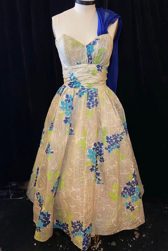 1950s W:24 tan aqua blue chartreuse gold floral s… - image 2