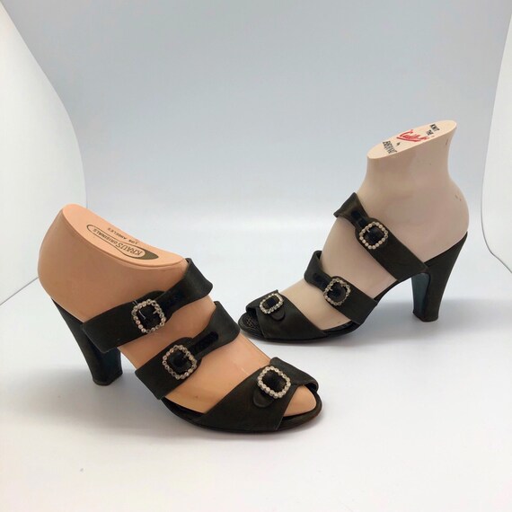 1940s 1950s SZ:6 EVINS black silk satin strappy fe