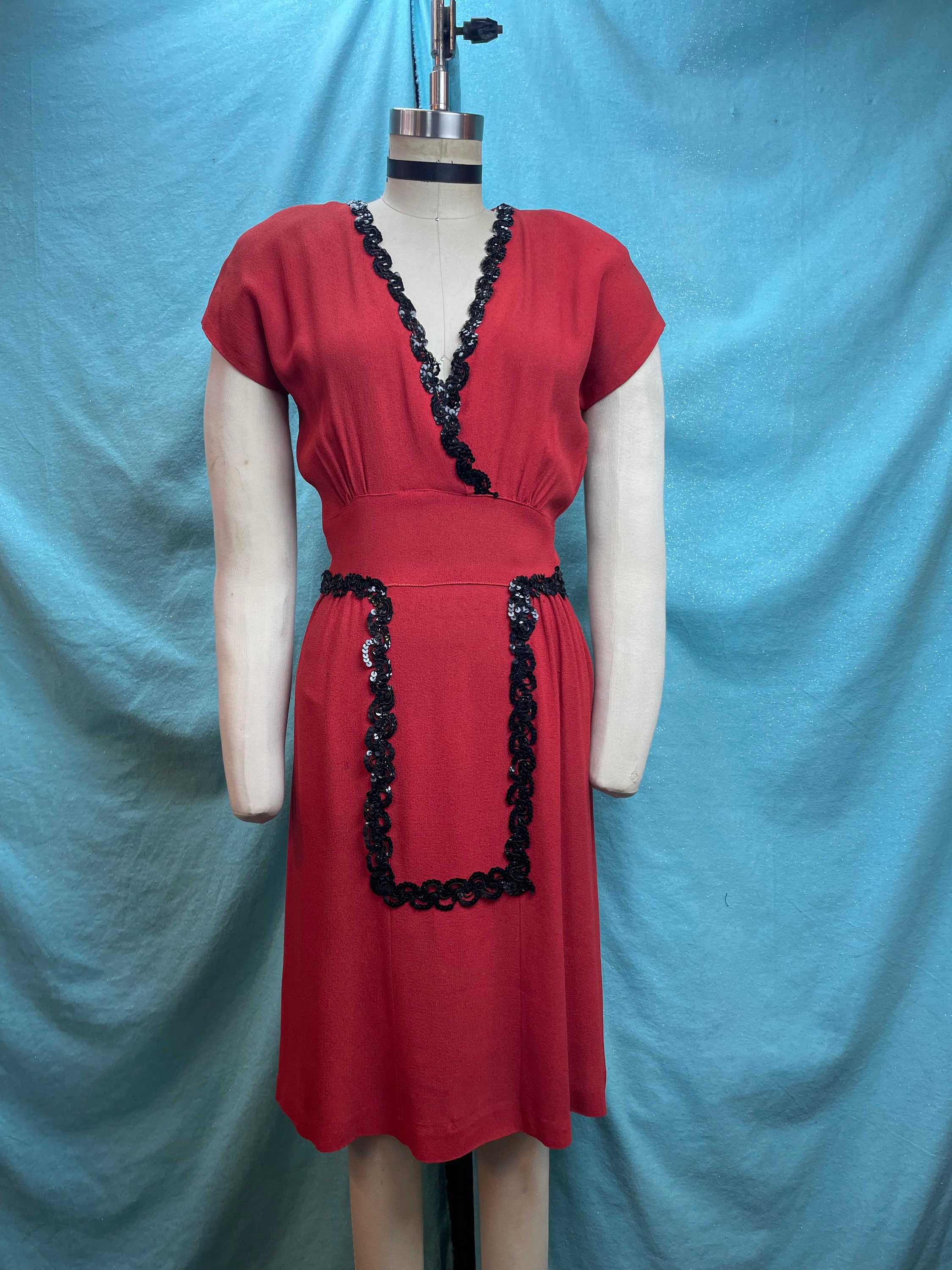 Vintage Aprons, Retro Aprons, Old Fashioned Aprons & Patterns 1940S W26 Vintage 40S Dress Mini Red Rayon Crepe With Black Paillette Sequin Low Cut Cocktail $248.00 AT vintagedancer.com