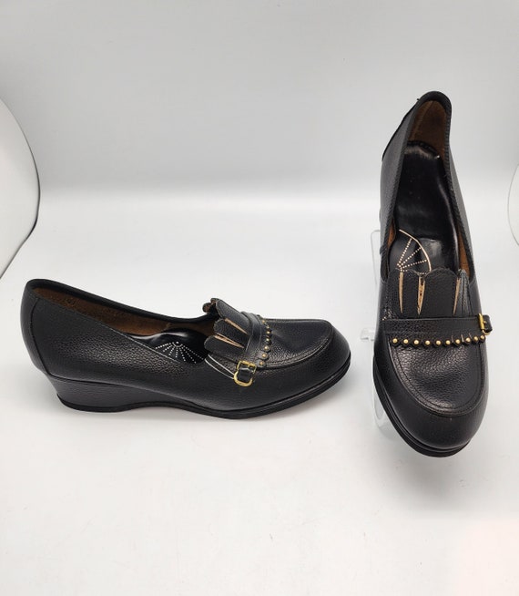 1940s 1950s Sz:6.5 Black Pebble Textured Leather Studded  display picture 1