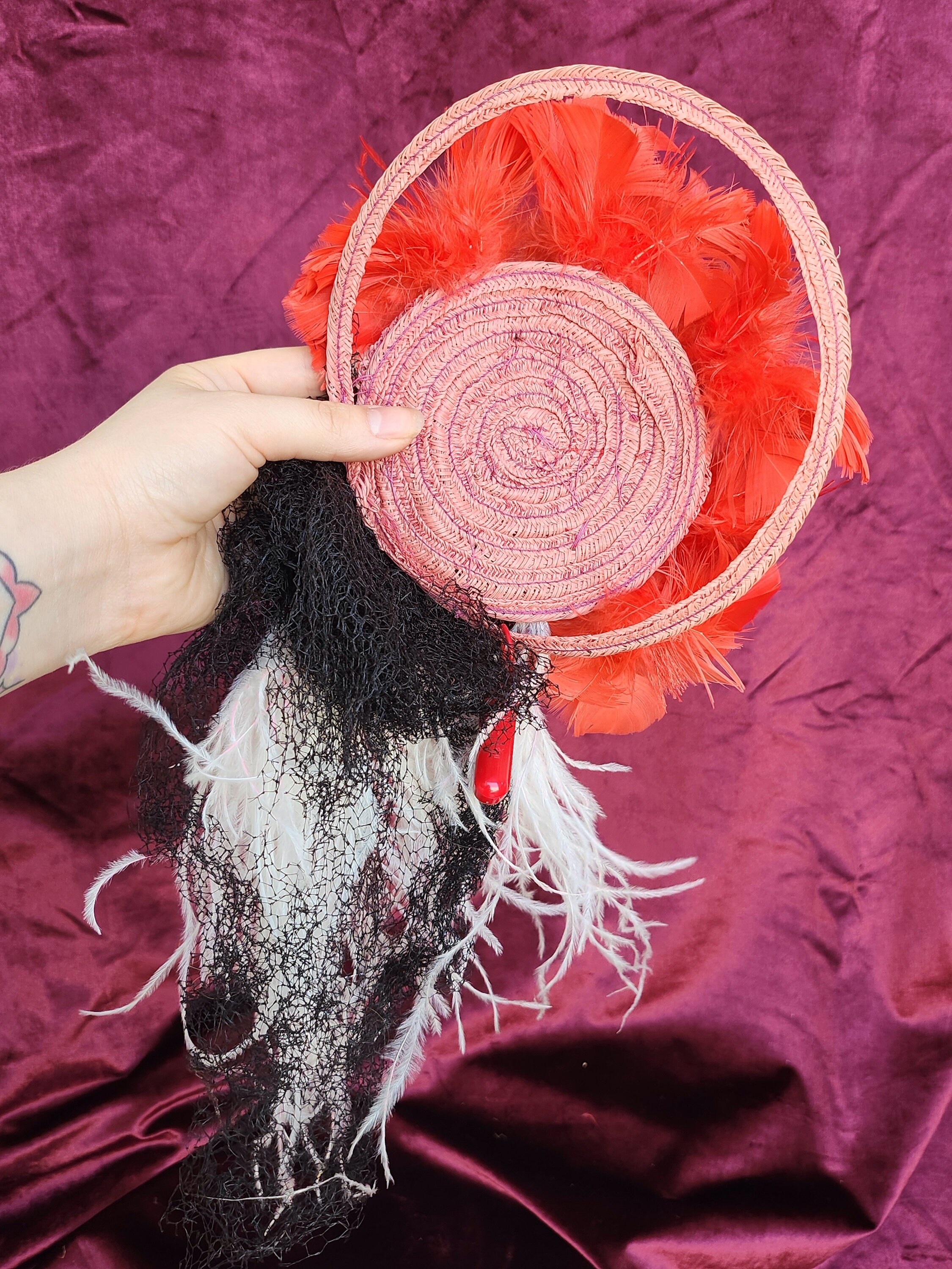 1930s 1940s Red White Black Ostrich Feather Tilt Topper Hat 