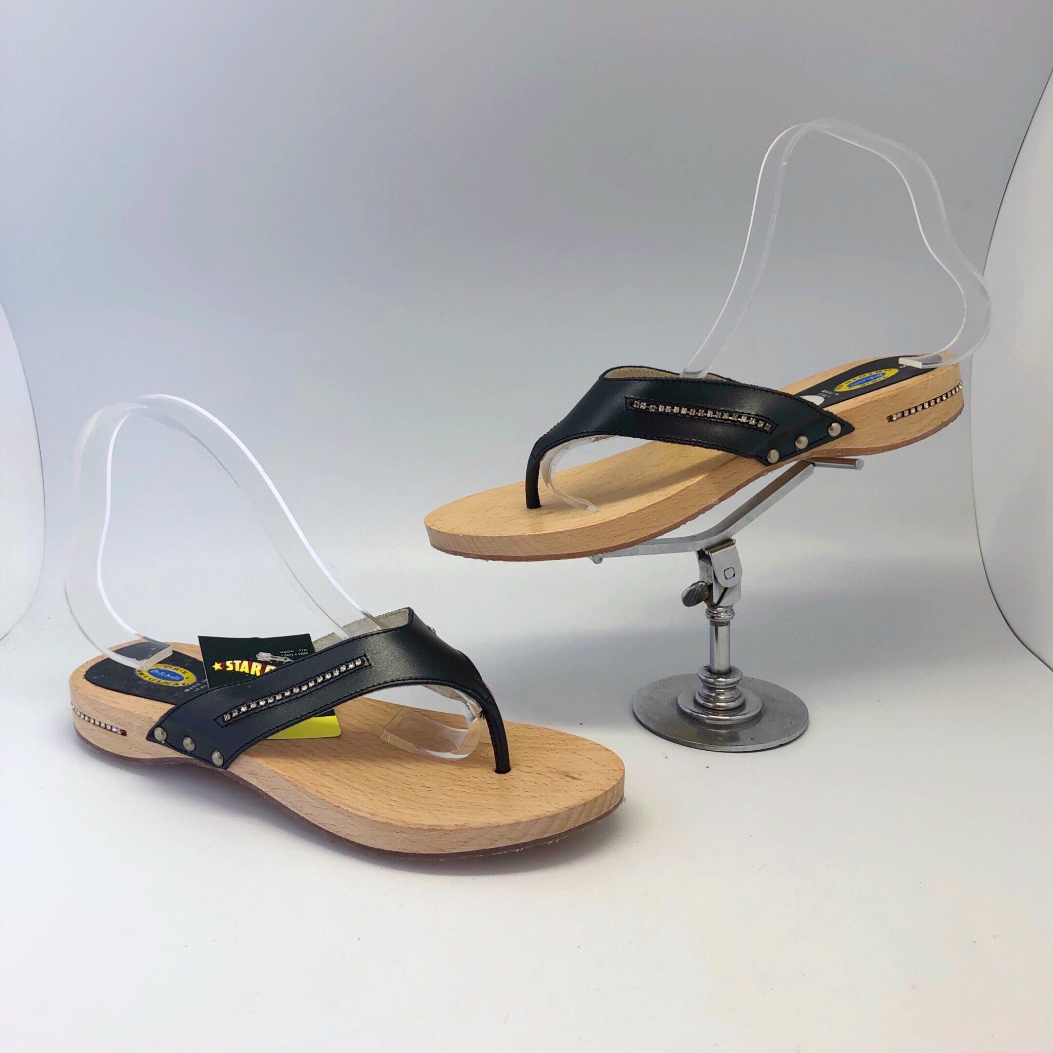 1990s SZ:8 Black Leather Rhinestone Wooden Flip Flop Sandals - Etsy