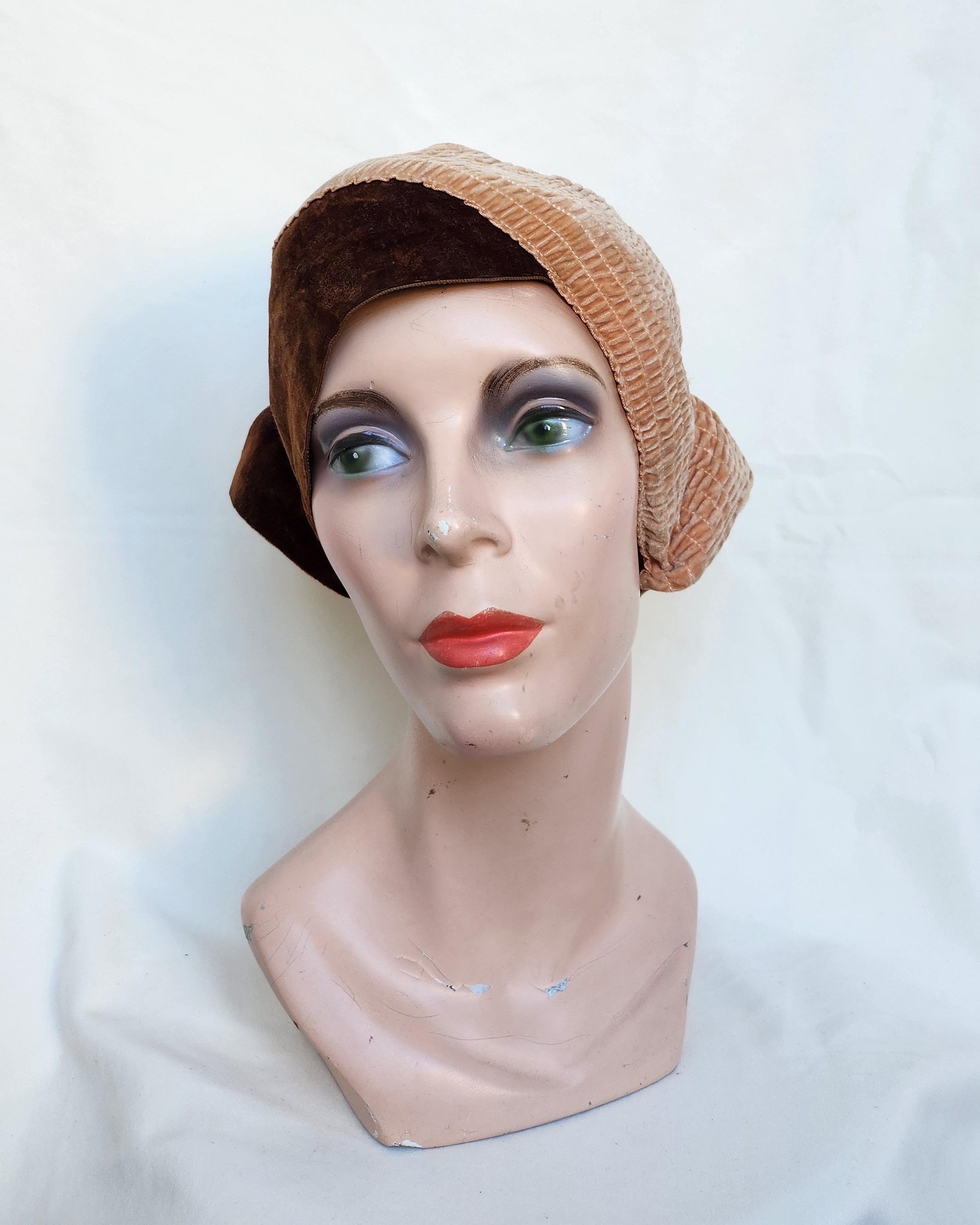 1920s Two-Toned Pinkish Tan and Brown Velvet Cloche Hat 1920s Two-toned Pinkish Tan and Brown Velvet Cloche Hat W  main image 2