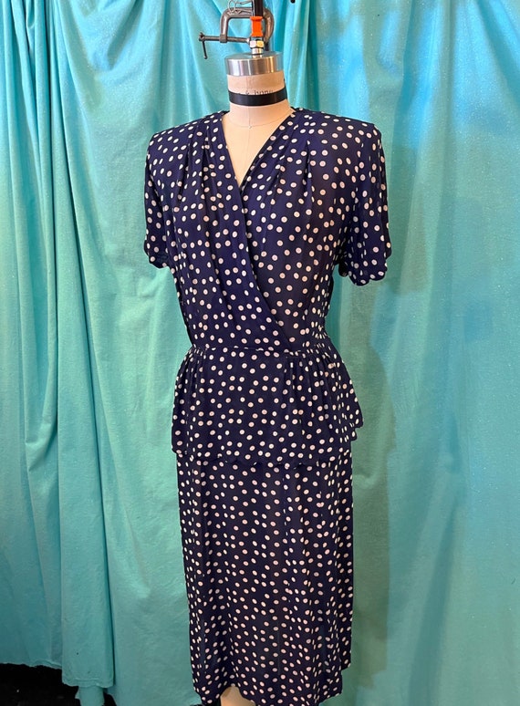 1940s W:34 navy blue white polka dot sheer rayon s