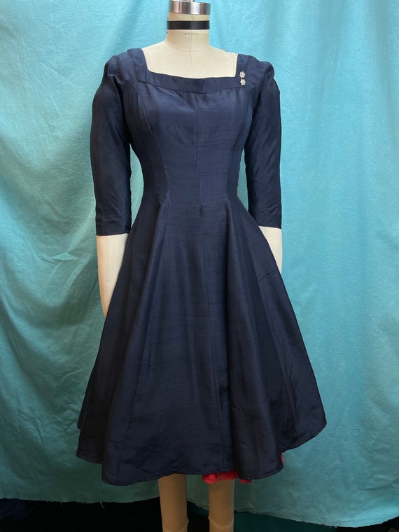 1950s W:26 Deep ink navy silk shantung dress with 