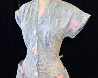 1950s W:30 BRENTWOOD gray pink green brushstroke rose print cotton short sleeve V neck button up hip patch pocket fit and flare day dress