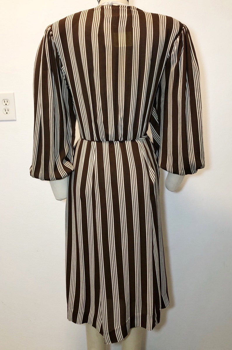 1940s W:30 brown white stripe sheer rayon balloon sleeve dress image 4