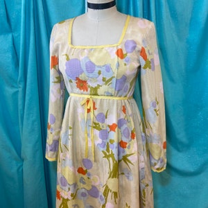 1960s/1970s B:32 JANE MARTIN II yellow green blue purple orange floral bouquet print moire long sleeve square neck empire waist maxi dress