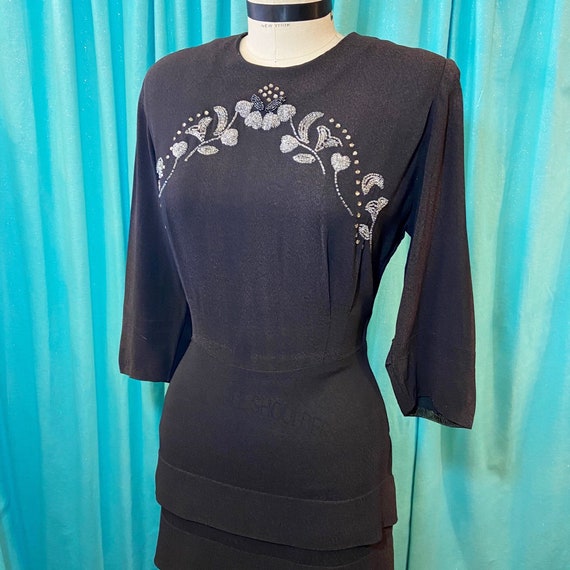 Buy 1940s W:28 LBD Black Rayon Crepe Beaded Rhinestone Heart 