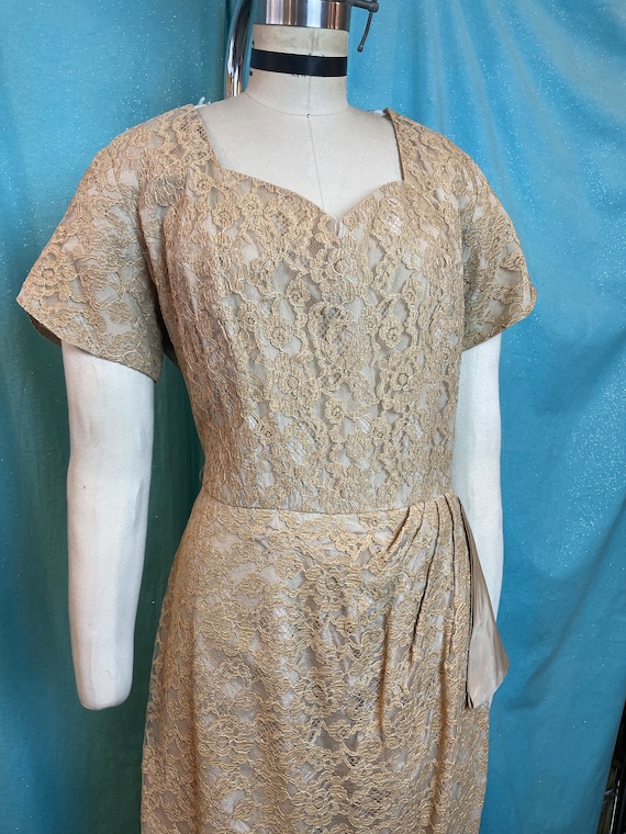 1950s W:33 GLEN JOAN gold beige lace acetate dres… - image 2