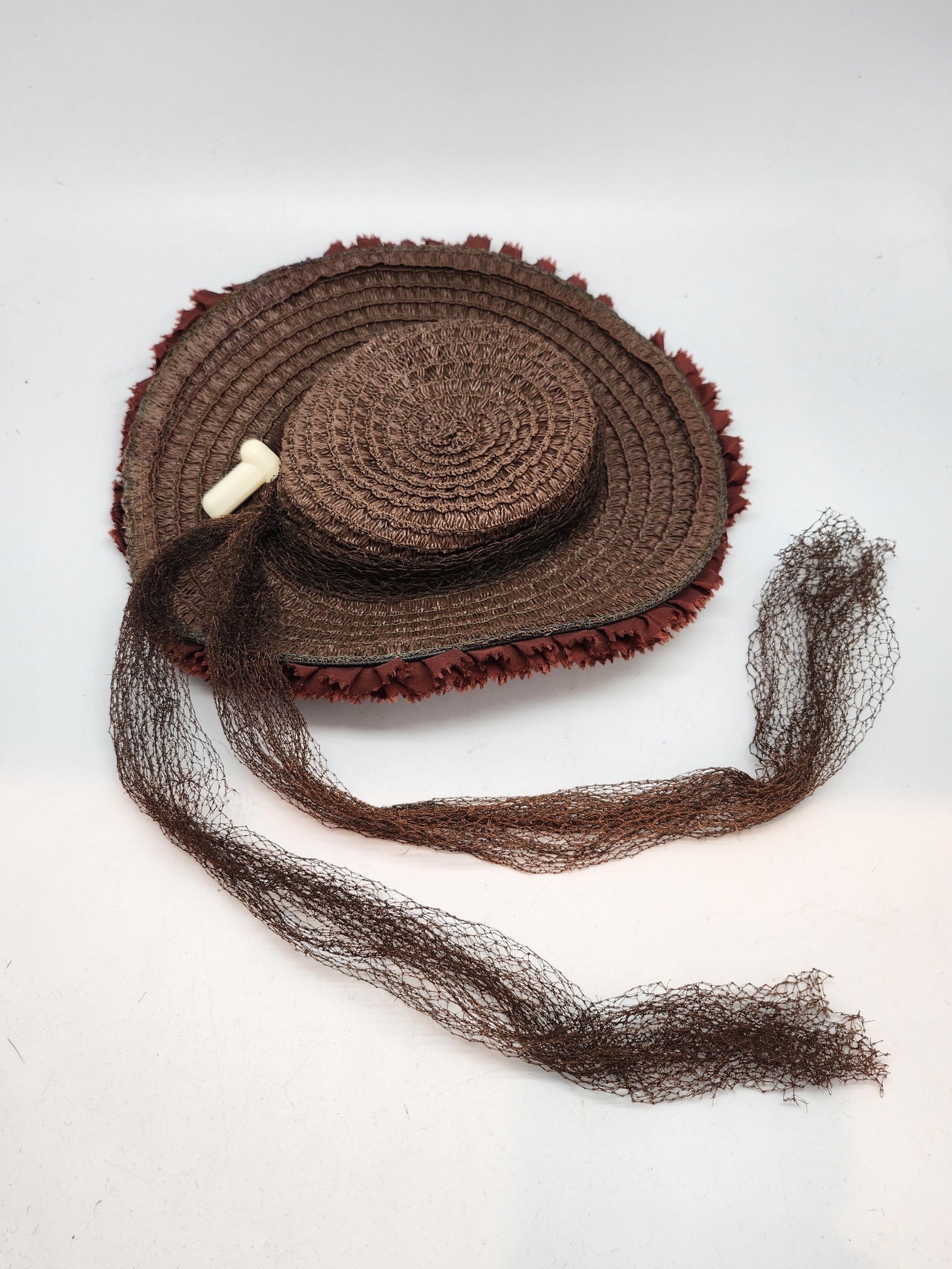 Vintage Straw Tilt Hat Brown Raffia Velvet Trim 1940s Vintage Black Velvet Hat 40s 50s Straw Raffia Tilt Wide Brim  main image 2