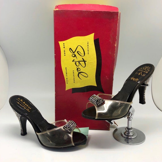 1950s SZ:6 clear vinyl black rhinestone open toe s