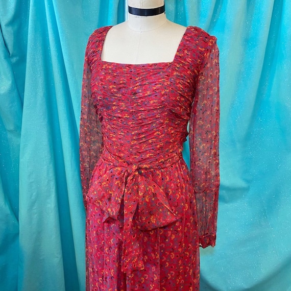 1960s/1970s W:30 Red Yellow Blue Green Micro Floral Sheer Crinkle Chiffon  Long Sleeve Square Neckline Runched Bodice Floor Length Maxi Dress - Etsy