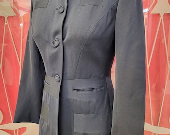 1930s 1940s W:27" Nancy's Hollywood Lilli Ann style navy blue wool geometric deco detail blazer w/ long pencil skirt 2pc suit