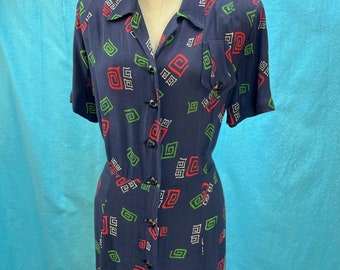 1940s W:36 Navy green red white atomic Greek key print rayon short sleeve collared V neck button up paneled A-line skirt day dress