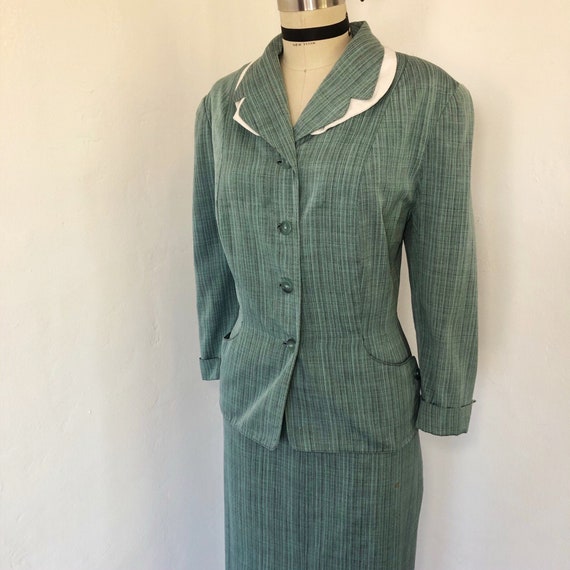 1940s/1950s W:32 VOLUP 2PC aqua black cotton rayon