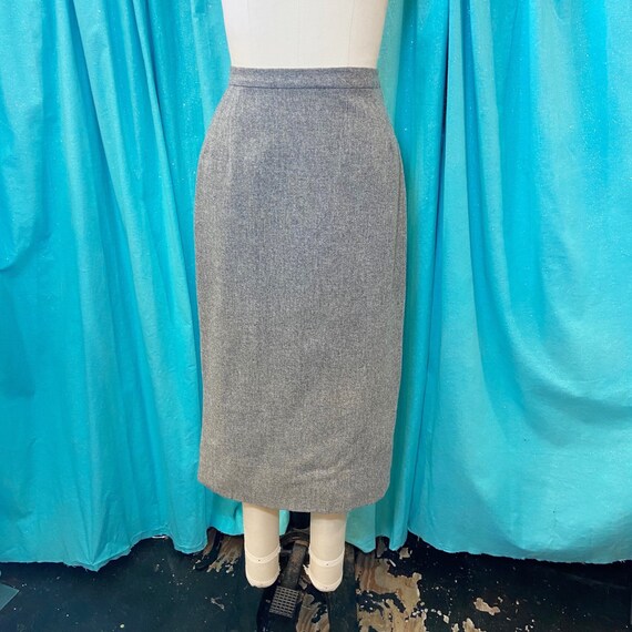Nubby 50s Charcoal with White Fleck Wool Wiggle with Side Zipper and Front Kick Pleat Small Fleck Pattern 50s Wool Wiggle Skirt