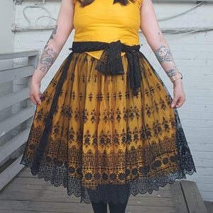1920s W: 32” 2-PC Antique Black and Orange Handmade Halloween Costume Witch Fortune Teller Goth Floral Lace Sleeveless Dress