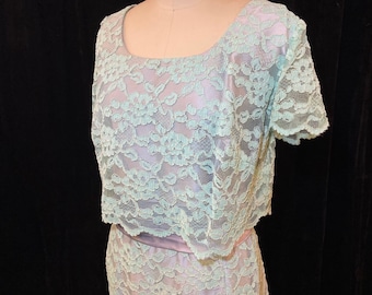 1950s/1960s W:36 LADY PETITE mauve satin mint green cord lace overlay short sleeve scoop neck tunic top cummerbund waist pencil wiggle dress