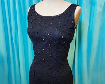 1950s/1960s W:26 LBD black nylon lace overlay satin AB crystal sleeveless scoop neckline pencil wiggle cocktail dress