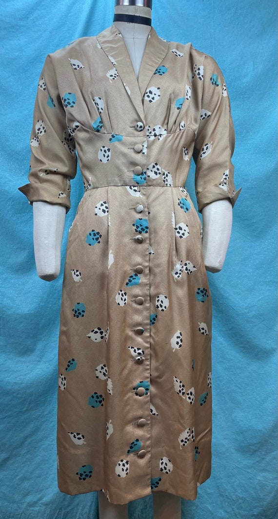 1940s/1950s W:28 Fashionmaker Originals 40s 50s vintage synthetic crepe golden beige aqua dots tailored shirt dress button down