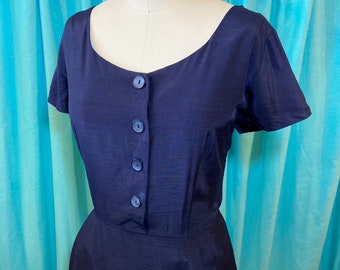 1950s/1960s W:32 navy blue faux silk rayon short sleeve scoop neckline button front pencil wiggle dress