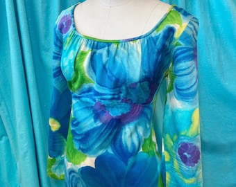 1960s B:36 LIBERTY HOUSE aqua green yellow purple floral polished cotton Hawaiian long sleeve scoop neck empire waist A-line shift dress