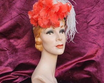 1930s 1940s Red White Black Ostrich Feather Tilt Topper Hat Showgirl Burlesque Cocktail