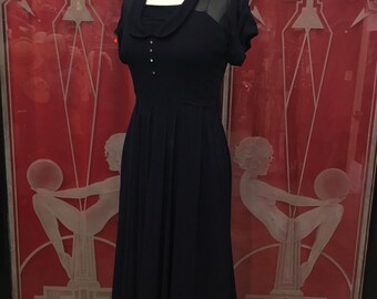 1930s 1940s W:26” navy blue silk chiffon illusion sheer rhinestone button fit and flare dress