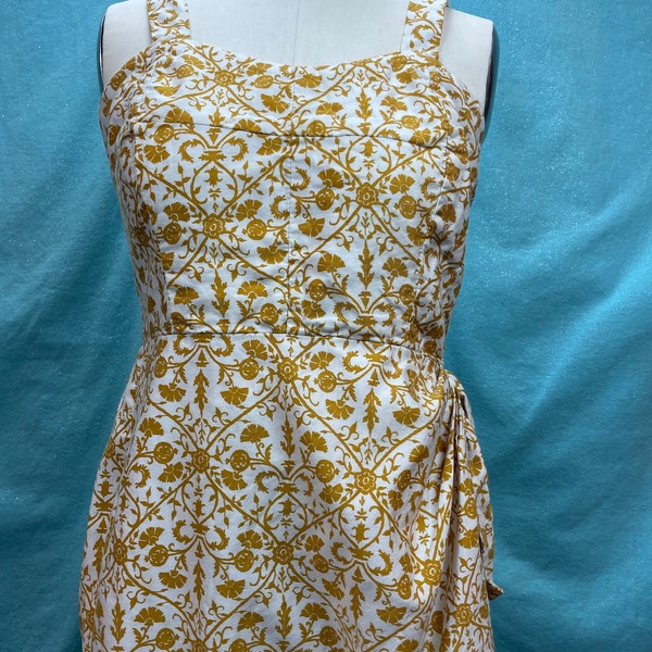1950/1960s W:up to 34” vintage 50s 60s dress sarong wrap pencil white mustard yellow elastic back straps garden party mid century mcm cotton