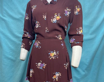 1930s W:38 Vintage Cold Rayon Crepe 30s Brown Flower Bouquet Basque Frill Long Sleeve Collar