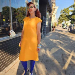1960s W:30-32” COURREGES Couture Designer Yellow Orange Citrus Paris Short Sleeve Space Age Mini Dress