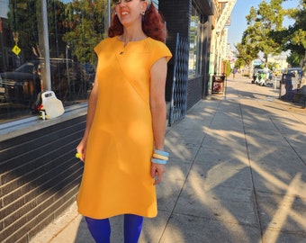 1960s W:30-32” COURREGES Couture Designer Yellow Orange Citrus Paris Short Sleeve Space Age Mini Dress