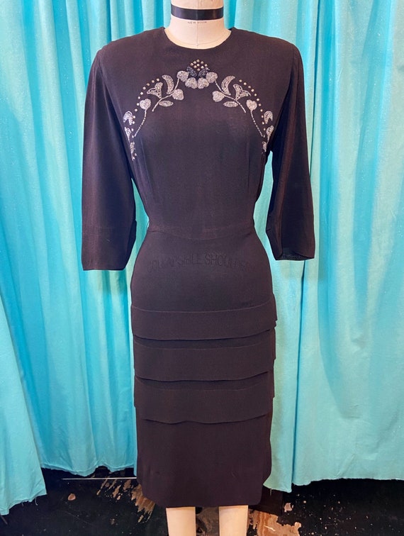 Buy 1940s W:28 LBD Black Rayon Crepe Beaded Rhinestone Heart 