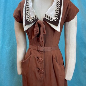1940’s/1950’s W:28 Mademoiselle Juliette Rayon linen collar pockets A-line skirt chocolate brown belt bild 5