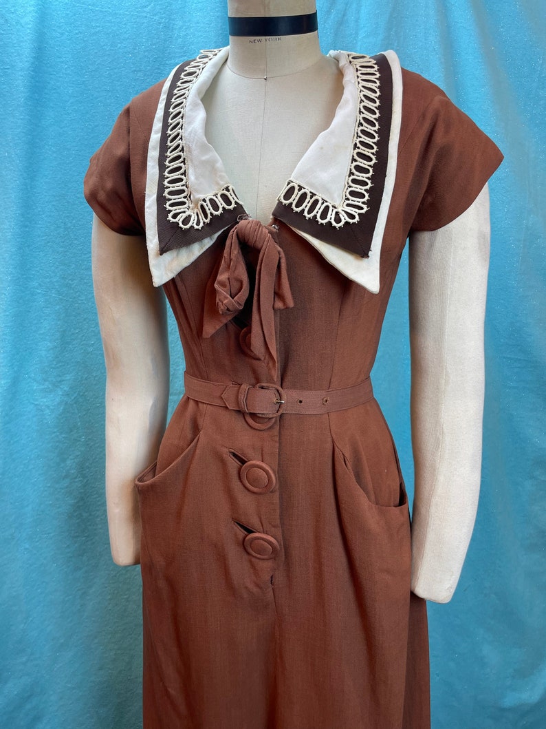1940’s/1950’s W:28 Mademoiselle Juliette Rayon linen collar pockets A-line skirt chocolate brown belt bild 5