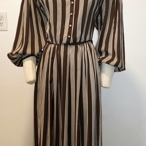 1940s W:30 brown white stripe sheer rayon balloon sleeve dress image 2