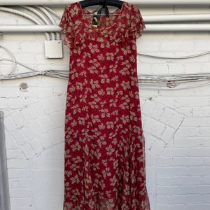 1920s B:34 vintage 20s crimson floral A-line dress scalloped collar bias hem crinkle silk chiffon sleeveless
