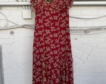 1920s B:34 Red Floral Sheer Silk Chiffon Bias Hem Dress