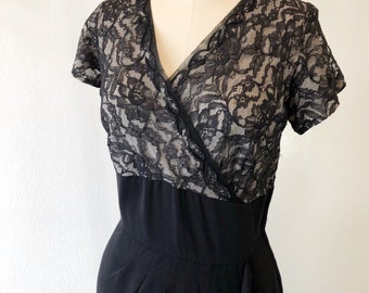 1940s/1950s W:30 LBD sheer black Chantilly lace illusion neckline hip drape rayon crepe wiggle cocktail dress