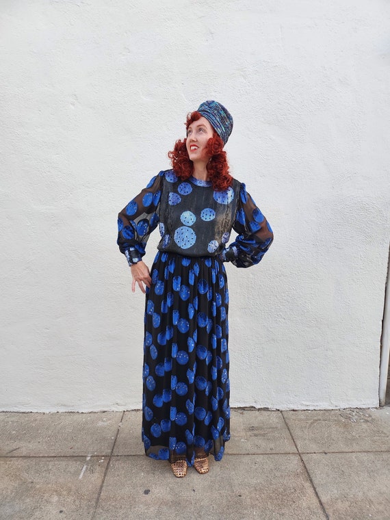 1960s 1970s W:26 Designer Adele Simpson Black Blue Silk Chiffon Sequin  Chiffon Bodice Beaded Detailing Chiffon Burned Out Velvet LS - Etsy Israel