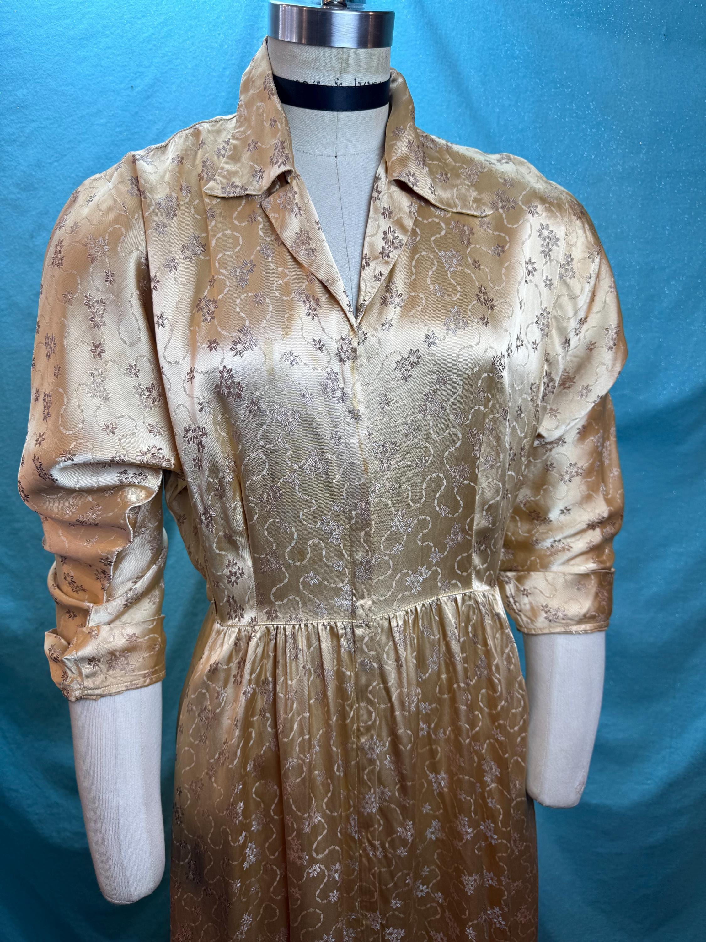 1930s/1940s W:27” Vintage Saybury 30s 40s Satin Embroidery Dress