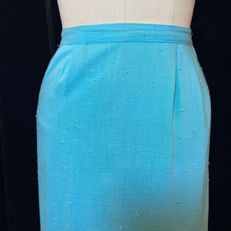 1950s/1960s W:27 FUN TIME aqua nubby rayon linen pleated waist pencil wiggle skirt image 5