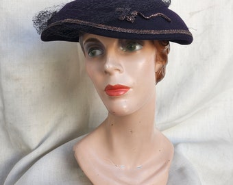Vintage 1940s Blue Straw Rhinestone Tilt Hat / 40s  display picture 2