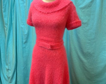 1950s/1960s W:28-34 hot pink fuzzy wool mohair knit cuffed short sleeve cowl scoop neckline low back A-line skirt sweater dress