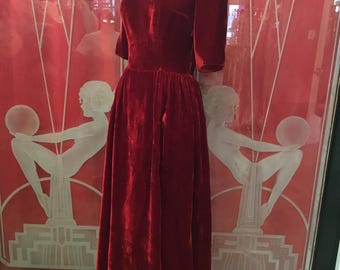 1950s 1960s W:26 red rayon velvet floor length half sleeve scoop neck evening formal gown