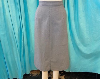 May include: A gray and white checkered skirt with a straight silhouette. The skirt is knee-length and has a simple design.